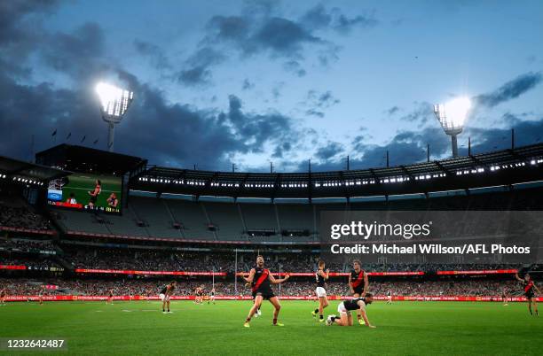 Cale Hooker of the Bombers celebrates a goal during the 2021 AFL Round 07 match between the Essendon Bombers and the Carlton Blues at the Melbourne...