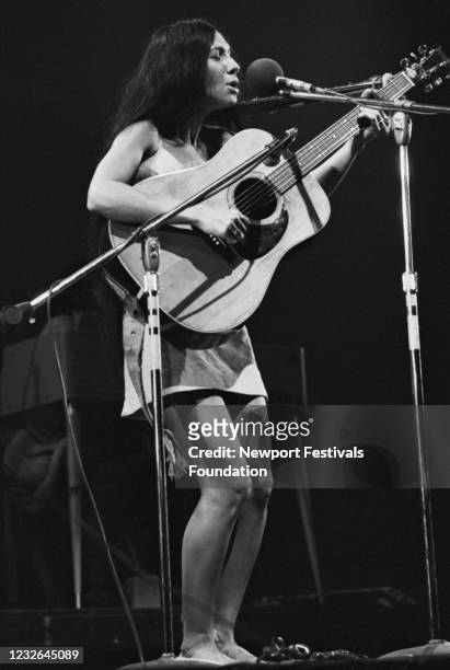 American singer-songwriter Buffy Sainte-Marie performing at the Newport Folk Festival in Newport, Rhode Island, July 1969.