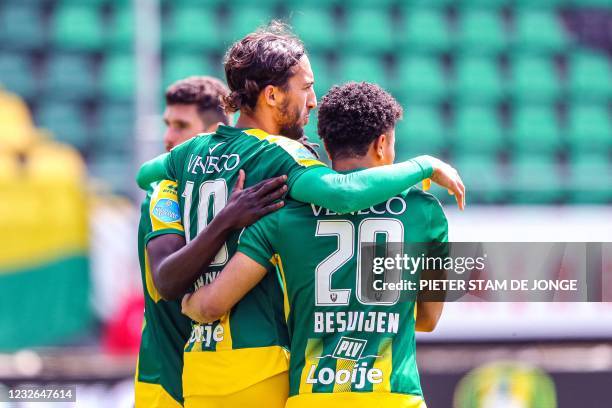 Den Haag's Colombian forward Vicente Besuijen and teammate celebrate the 2-1 during the Dutch Eredivisie match between ADO Den Haag and Feyenoord at...