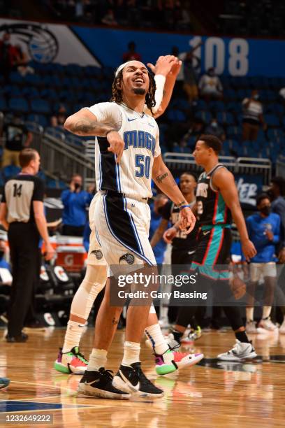 Cole Anthony of the Orlando Magic reacts after hitting the game winning 3-pointer against the Memphis Grizzlies on May 1, 2021 at Amway Center in...