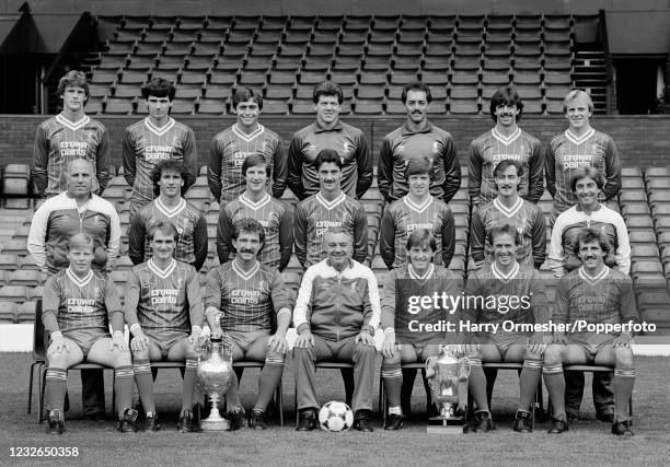 Liverpool line up for a team photograph at Anfield in Liverpool, England, circa July 1983. Back row : Gary Gillespie, Alan Hansen, Michael Robinson,...