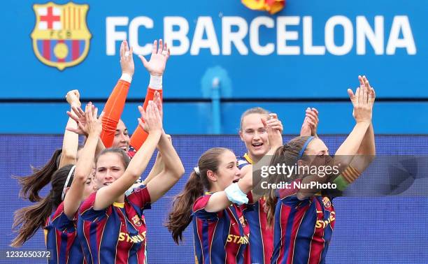 Barcelona players celberation at the end of the match between FC Barcelona and PSG, corresponding to the second match of the semifinals of the Womens...