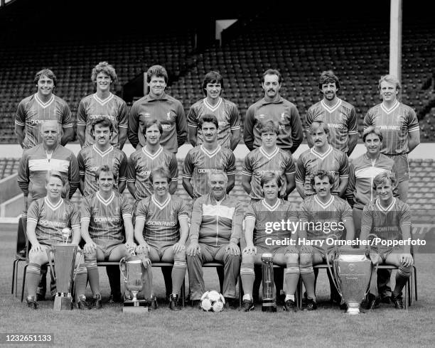 Liverpool line up for a team photograph at Anfield in Liverpool, England, circa July 1984. Back row : Michael Robinson, Gary Gillespie, Bob Bolder,...