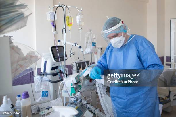 Daily work at Regional Specialist Hospital of Lublin, Poland, on April 29 2021, of medics from ICU ward for patients with Covid-19.