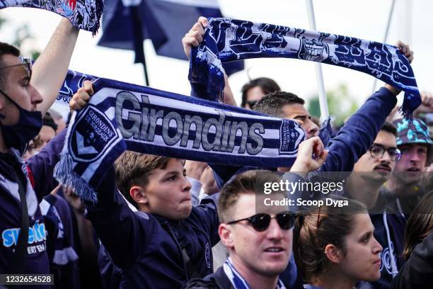 Fans of Girondins de Bordeaux protest before the Ligue 1 match between Girondins Bordeaux and Stade Rennes at Stade Matmut Atlantique on May 2, 2021...