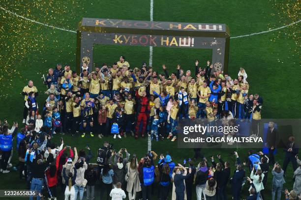 Zenit Saint Petersburg's players celebrate at Krestovsky Stadium in Saint Petersburg, on May 2 after the team won the Russian Premier League title. -...