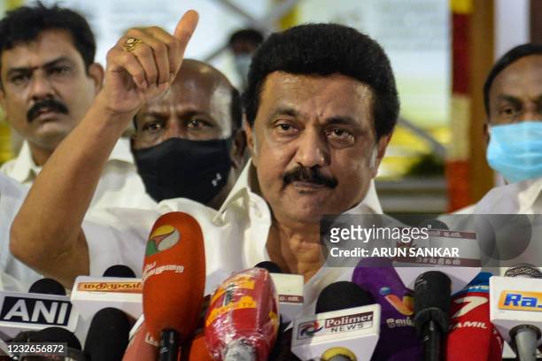 Chief Minister elect of Tamil Nadu MK Stalin of Dravida Munnetra Kazhagam party, gestures as he delivers a speech during a press conference after...
