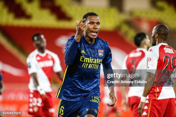 Of Lyon celebrate his goal during the Ligue 1 match between AS Monaco and Olympique Lyon at Stade Louis II on May 2, 2021 in Monaco, Monaco.