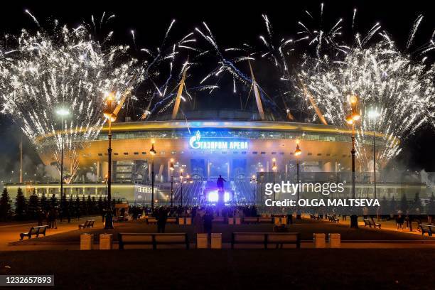 Fireworks explode over Krestovsky Stadium in Saint Petersburg on May 2, 2021 after FC Zenit Saint Petersburg won the Russian Premier League title. -...