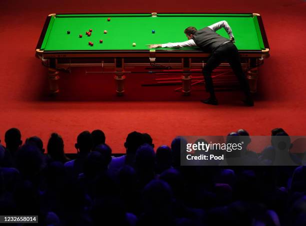 England's Mark Selby plays a shot during day 16 of the Betfred World Snooker Championships 2021 at Crucible Theatre on May 2, 2021 in Sheffield,...