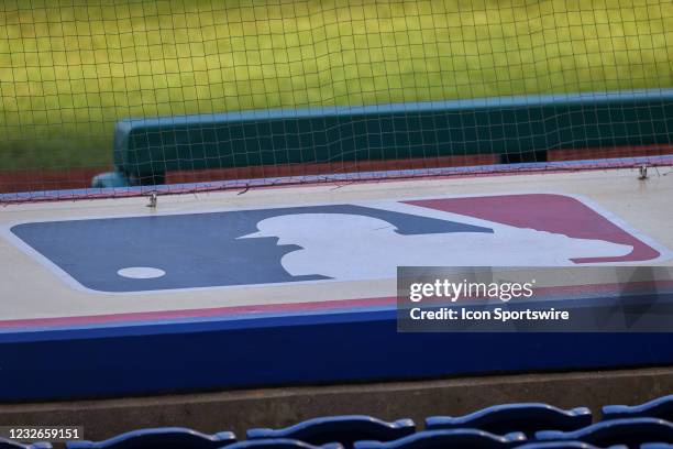 Generalview of the MLB logo atop the dugout prior to the Major League Baseball game between the Philadelphia Phillies and the New York Mets on May 1,...