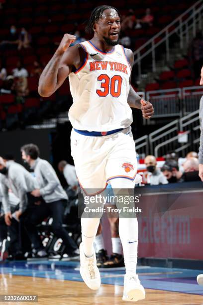 Julius Randle of the New York Knicks celebrates during the game against the Houston Rockets on May 2, 2021 at the Toyota Center in Houston, Texas....
