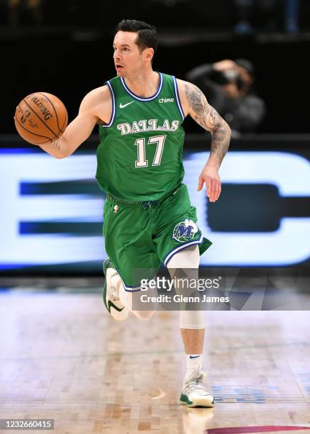 Redick of the Dallas Mavericks dribbles the ball during the game against the Sacramento Kings on May 2, 2021 at the American Airlines Center in...