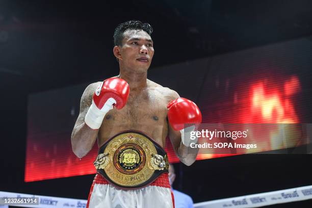 Teerachai Sithmorseng celebrates after the march against Sirimongkol Singwancha during the fight for the vacant Interim WBA Asia South Light...