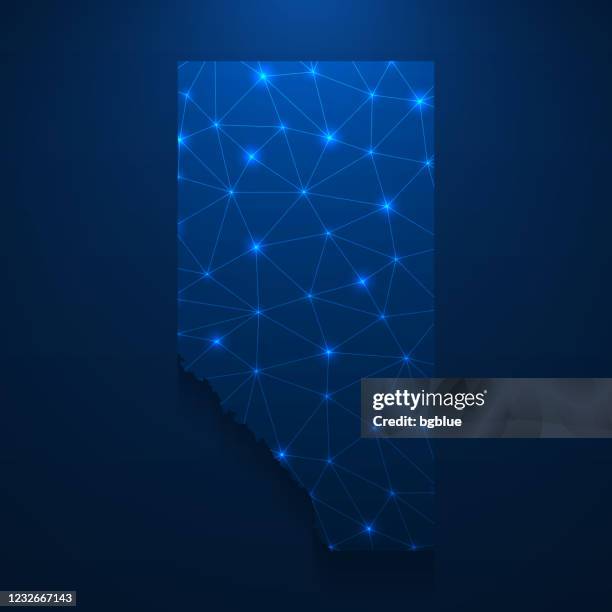 alberta map network - bright mesh on dark blue background - edmonton stock illustrations