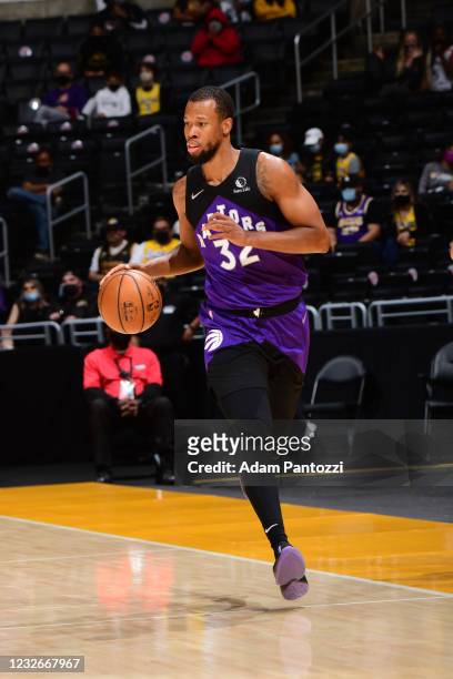 Rodney Hood of the Toronto Raptors handles the ball against the Los Angeles Lakers on May 2, 2021 at STAPLES Center in Los Angeles, California. NOTE...