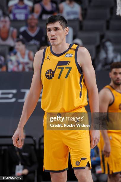 Ersan Ilyasova of the Utah Jazz looks on during the game against the Sacramento Kings on April 28, 2021 at Golden 1 Center in Sacramento, California....