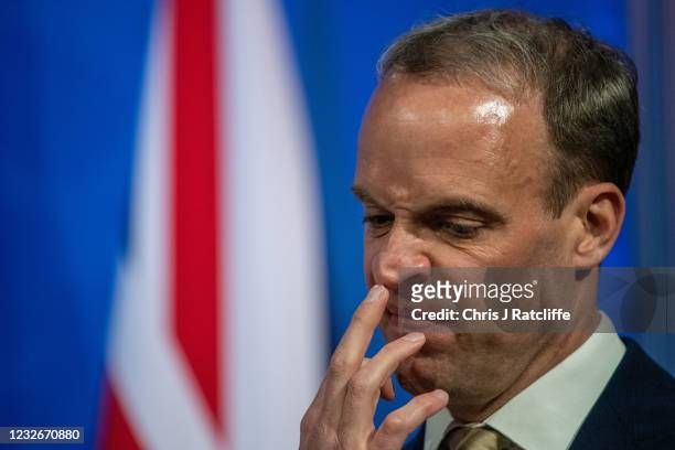 Foreign Secretary, Dominic Raab, during a joint press conference with US Secretary of State, Antony Blinken, at Downing Street on May 3, 2021 in...