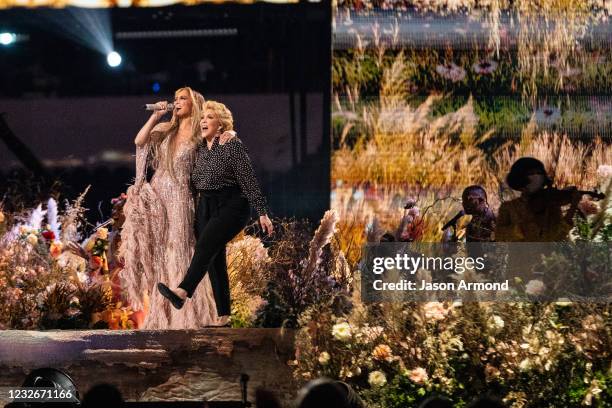 Jennifer Lopez performs with her mom, Guadalupe Rodríguez, at the Vax Live concert at SoFi Stadium on Sunday, May 2, 2021 in Inglewood, CA.