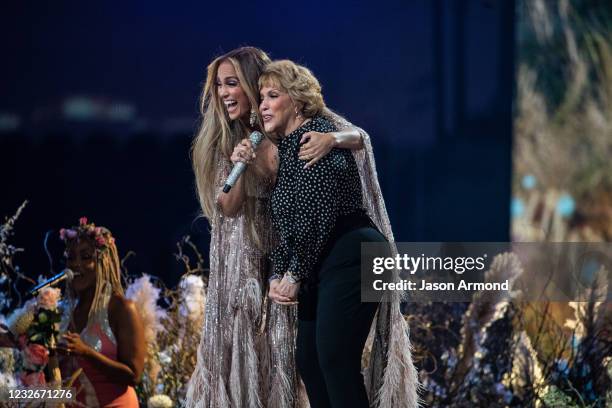 Jennifer Lopez performs with her mom, Guadalupe Rodríguez, at the Vax Live concert at SoFi Stadium on Sunday, May 2, 2021 in Inglewood, CA.