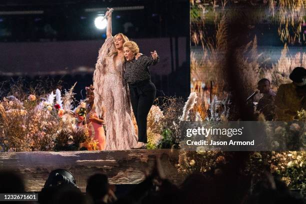 Jennifer Lopez performs with her mom, Guadalupe Rodríguez, at the Vax Live concert at SoFi Stadium on Sunday, May 2, 2021 in Inglewood, CA.