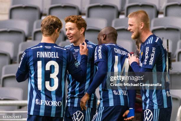 Aslak Witry of Djurgardens IF celebrates scoring the 2-0 with teammates goal during the Allsvenskan match between Djurgardens IF and Malmo FF at...