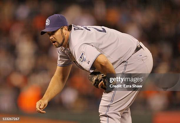 Heath Bell of the San Diego Padres pitches against the San Francisco Giants at AT&T Park on August 23, 2011 in San Francisco, California.