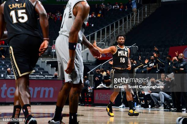 Solomon Hill of the Atlanta Hawks reacts to a play during the game against the Portland Trail Blazers on May 3, 2021 at State Farm Arena in Atlanta,...