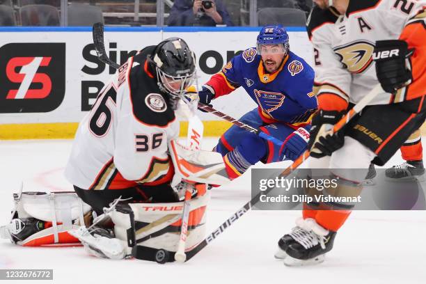 Justin Faulk of the St. Louis Blues shoots the puck against the Anaheim Ducks in the third period at Enterprise Center on May 3, 2021 in St Louis,...