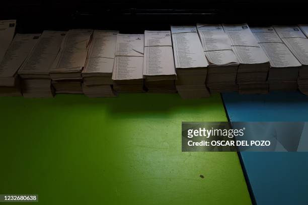 Ballots are displayed at a polling station in Madrid during the Madrid regional elections on May 4, 2021. - Madrid is voting in an early regional...