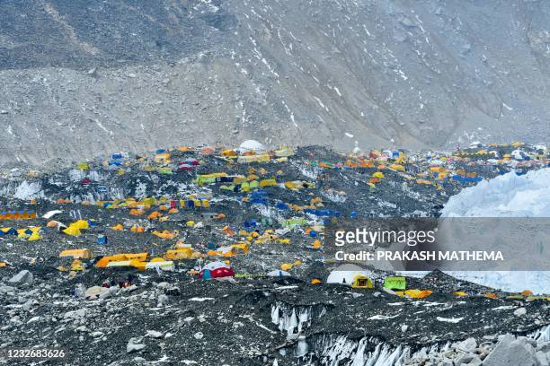 In this photograph taken on April 30, 2021 expedition tents are seen at Everest Base Camp in the Mount Everest region of Solukhumbu district, some...