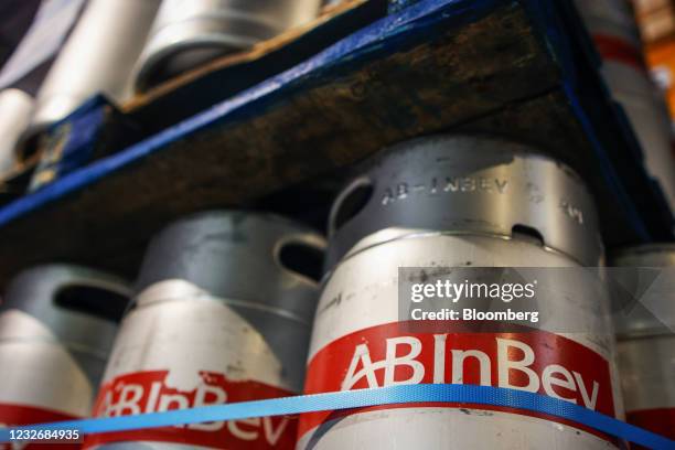 The Anheuser-Busch InBev NV logo on beer barrels at the AB Inbev beverage distribution depot in Leuven, Belgium, on Tuesday, May 4, 2021. AB Inbev...