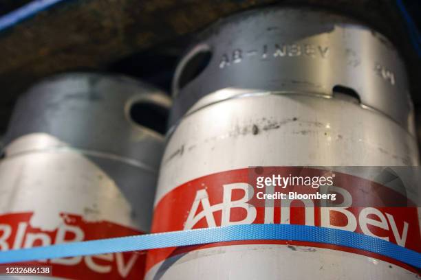 The Anheuser-Busch InBev NV logo on beer barrels at the AB Inbev beverage distribution depot in Leuven, Belgium, on Tuesday, May 4, 2021. AB Inbev...
