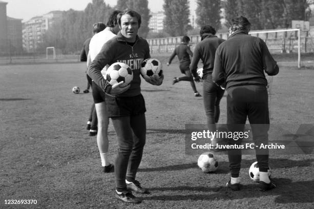 Juventus player Josè Altafini during a training session on 1973 in Turin, Italy.