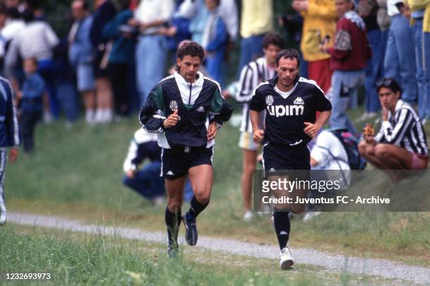 Juventus player Roberto Baggio with Schillaci during a training session on 1990, in Italy.