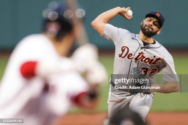 Michael Fulmer of the Detroit Tigers pitches in the first inning of a game against the Boston Red Sox at Fenway Park on May 4, 2021 in Boston,...
