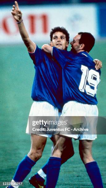 Roberto Baggio celebrates a goal with Schillaci during Italia -Czechoslovakia, on Italia world cup on June 30, 1990 in Rome, Italy.