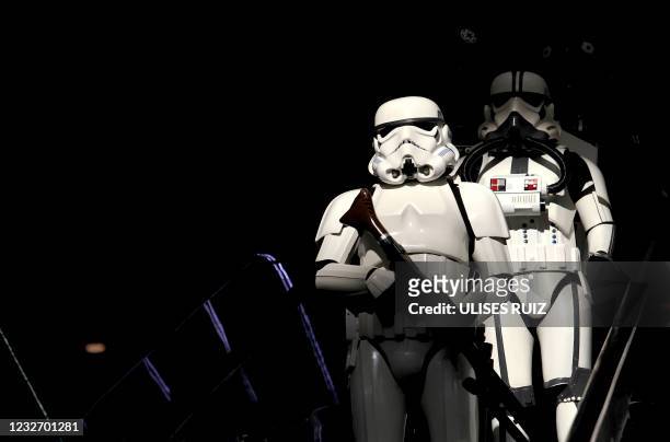 Fans dressed as Stormtroopers from "Star Wars" participate in a gathering to celebrate "International Star Wars Day" at the Cineteca of the...