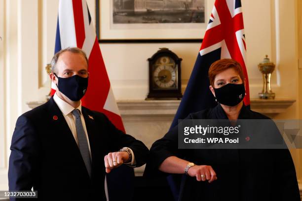 Britain's Foreign Secretary Dominic Raab poses with Australia's Foreign minister Marise Payne on the sidelines of the G7 foreign ministers meeting on...