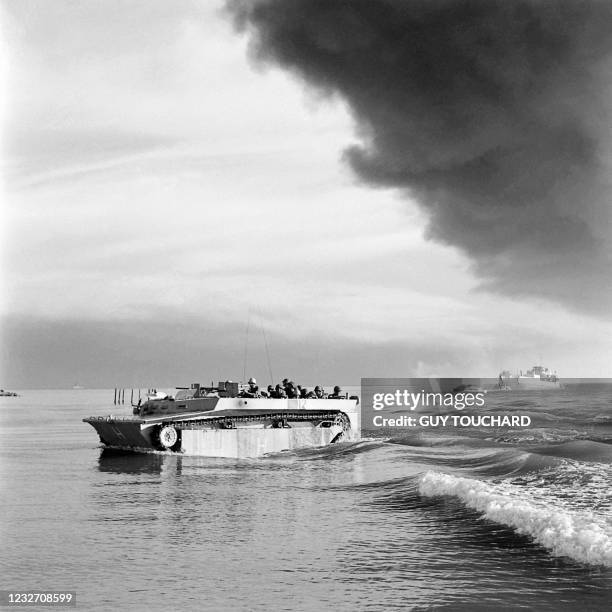 Anglo-French troops land at Port Fouad, near Port Said on November 05, 1956 during the Suez Crisis. An Anglo-French intervention has been launched...