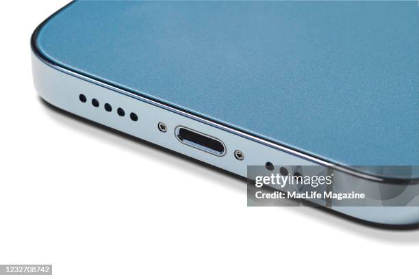 Detail of an Apple iPhone 12 Pro with a Pacific Blue finish, taken on October 28, 2020.