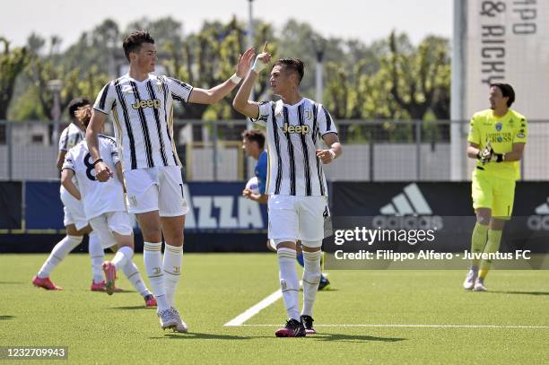 Enzo Barrenechea of Juventus celebrates with Leonardo Cerri after scoring a goal during the Primavera 1 TIM match between Juventus U19 and Empoli FC...