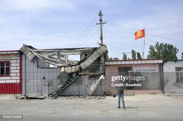 View of damaged buildings on Kyrgyz side after last week's clashes at a disputed section of the Kyrgyzstan-Tajikistan border, in Leilek district of...