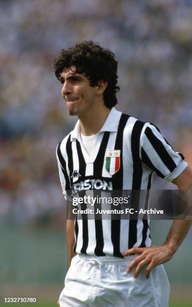 Juventus player Paolo Rossi during a match on 1985 in Turin, Italy.