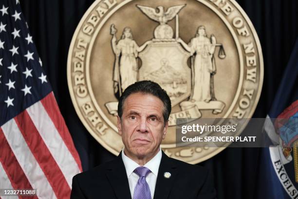 New York Governor Andrew Cuomo speaks to the media at a news conference in Manhattan on May 5, 2021 in New York City. Cuomo has announced that...