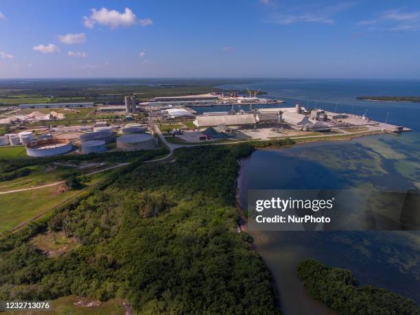 An aerial view of Tampa Bay near Port Manatee in Palmetto, Florida Tuesday, May 4, 2021. More than 200 million gallons of wastewater from Piney Point...