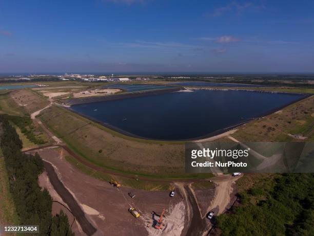 An aerial view of the partially drained New Gypsum Stack South wastewater reservoir at Piney Point in Palmetto, Florida Tuesday, May 4, 2021. The...