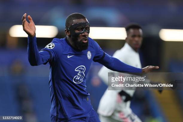 Antonio Rudiger of Chelsea, wearing a protective mask during the UEFA Champions League Semi Final Second Leg match between Chelsea and Real Madrid at...