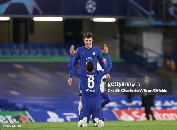 Thiago Silva of Chelsea sinks to his knees, watched by Andreas Christensen of Chelsea at the final whistle of the UEFA Champions League Semi Final...