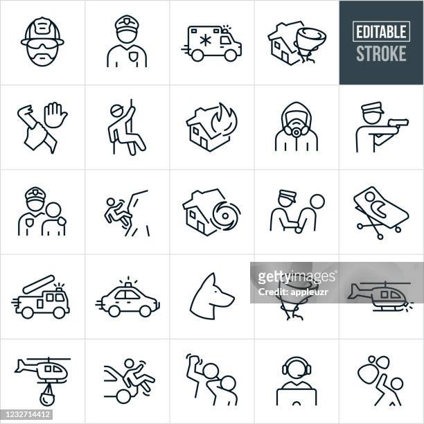 illustrazioni stock, clip art, cartoni animati e icone di tendenza di icone della linea sottile dei servizi di emergenza - tratto modificabile - solo bambini